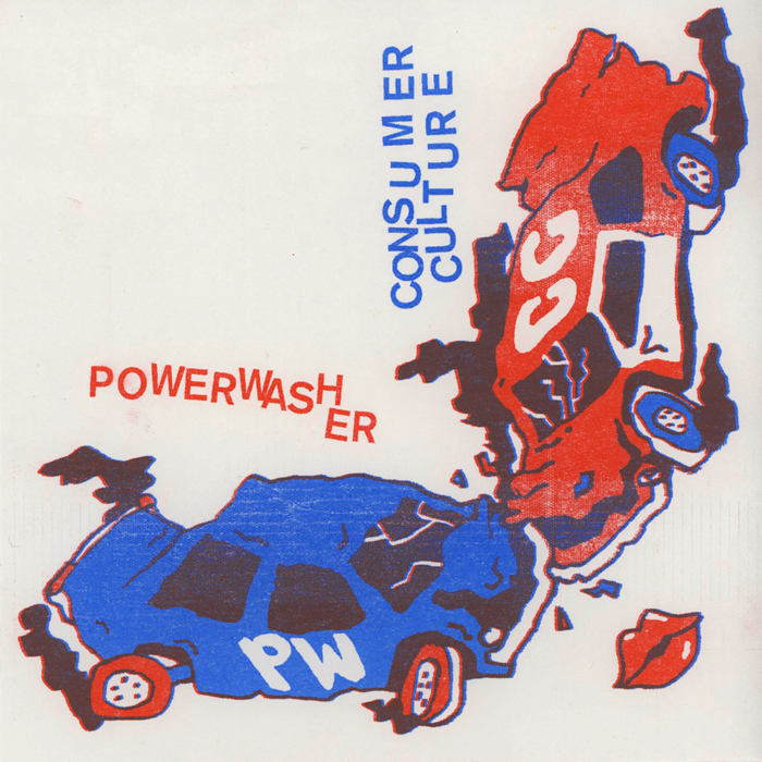 Powerwasher / Consumer Culture split front cover art - two cars are smashing into eachother, each one has a band name alongside it.