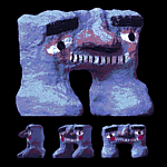 thumbnail depicting a plaster sculpture named Dwingo, who is also a character in the comic Scrymmaged. He is a faded blueish purple. He is sort of a wide rectangle with two chunky feet. He has a large bulbous purple nose that juts far off his face. He has two relaxed eyes, two very thick black eyebrows, and a long strange smile that ends in two rosy cheeks.