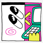 thumbnail depicting a panel from the comic called Jump. a closeup of a bird's face taking up half the panel. the other half shows his foothand holding a green flip phone against a pink background. He is talking into it.