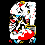 thumbnail of a piece of illustration from the 'post-bob' era linked below. On a black background, in a color scheme of white red blue and yellow, two bodyless figures are having a sword fight at a skewed perspective. The top figure has a basbeall cap and jorts, a long pointy nose, big lumpy arms and is sweating. The lower figure has red hair, a shield, and has his tongue sticking out. Their swords clash and create sparks. A mouse watches on, crying.