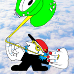 thumbnail of a piece of artwork from the wizard brain period. A self-portrait of PK doing the yo-yo trick Eli Hops. On top of a cloudy sky background, PK is a short cartoon with giant detailed hands but tiny cartoon legs. Her outfit is fully black, her left hand has red nailpolish. She has stylized blue hair, glasses with a yellow tint, a red baseball cap, and is crying a single tear. Her two big hands are holding the yo-yo string and a large lime green yo-yo is attached, hovering in the air above her.