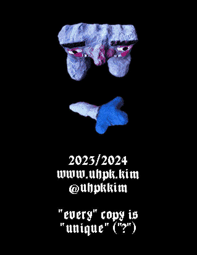 The back cover! The end of the book. We see a small image, shot from above, Dwingo looks down at the swordsman's sword, which sits alone on the ground without its weilder present. Text below reads - '2023, 2024 www.uhpk.kim @uhpkkim' 'every copy is unique' which is followed by a question mark in parenthesis. the words every, unique, and the question mark are all surrounded by quotation marks