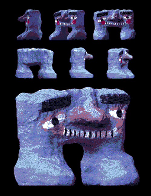 Here we see a full image of Dwingo, our second protagonist, taking up the entire bottom half of the page. The top half shows multiple images of Dwingo from multiple angles as if he is rotating. Dwingo is a faded blueish purple. He is sort of a wide rectangle with two chunky feet. He has a large bulbous purple nose that juts far off his face. He has two relaxed eyes, two very thick black eyebrows, and a long strange smile that ends in two rosy cheeks