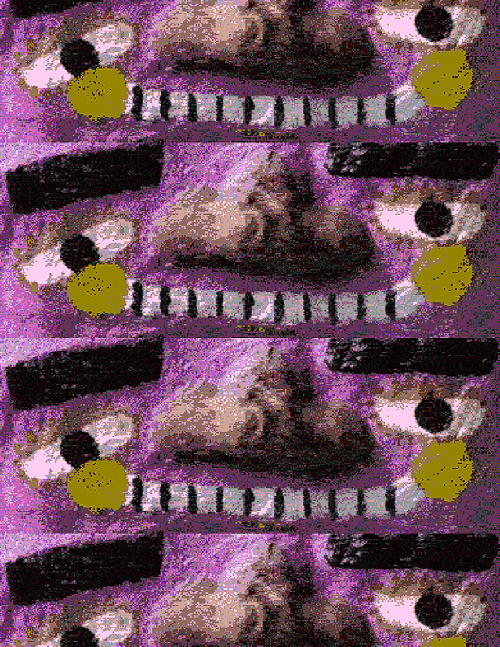 A cropped close-up image of Dwingo's face, repeated 4 times, stacked on top of itself. He's also a more saturated shade of purple now