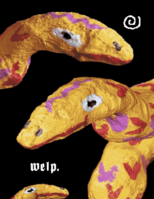 Several closeups of the swordsman's steed. He has a sort of clueless look on his face, with a wide mouth. A little spiral appears in the corner. A tiny version of the steed peeks up from the bottom of the page, along with text reading -- 'Welp.'