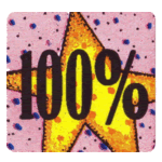 70s sticker - yellow handdrawn star on a pink background with text reading 100%