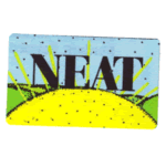 70s sticker part of a yellow sun in front of what seems to be a horizon of green grass and a blue sky, with the word neat written in black serif font in the blue sky portion