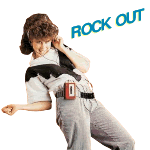 sticker of a girl from the 80s or 90s striking an awkward pose with text reading - rock out