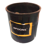 sticker of an empty black ubcket with the word 'spoons' printed on it