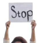 sticker of hands holding up a handwritten protest sign that has the word stop written on it really big