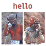 sticker of two monsters from an old japanese superhero show, both talking on the phone. text above reads - hello