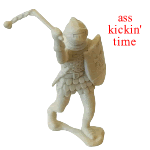 sticker of a vintage army man style toy of a medieval knight swinging a flail mace, with the text - ass kickin time