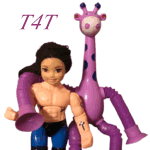 sticker of a lanky purple giraffe toy with bendable limbs, with her arms around a custom-made mashup mutant toy with the body of a wrestler and the head of a barbie doll, with text reading - t 4 t
